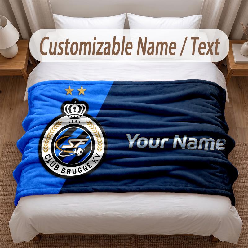 Club Brugge FC Printed Flannel Blanket Custom Name Text Soft Warm Throw For Bedroom Holiday Gift