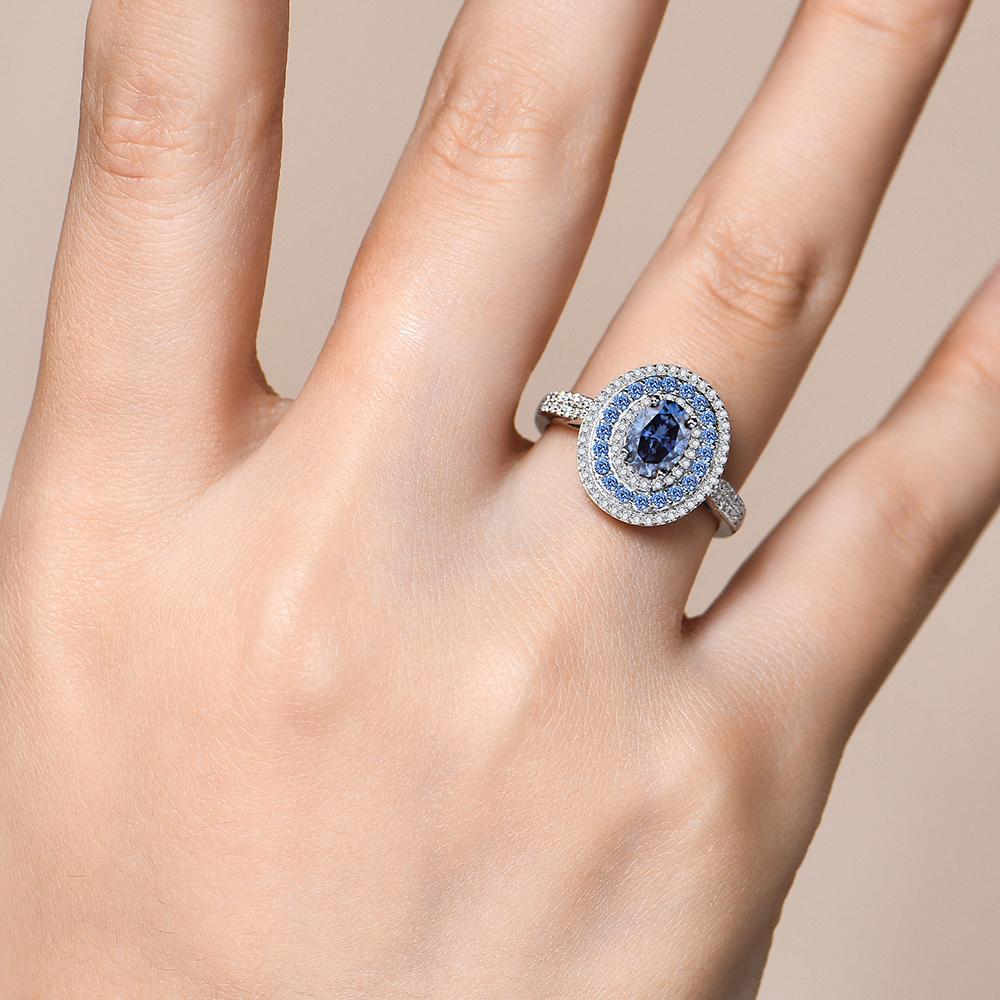 ATTAGEMS Blaue Moissanit Damenringe Oval geschliffen 1,0 Karat Echtsilber S925 Schmuck für Hochzeit Verlobungsring Mit Zertifikat