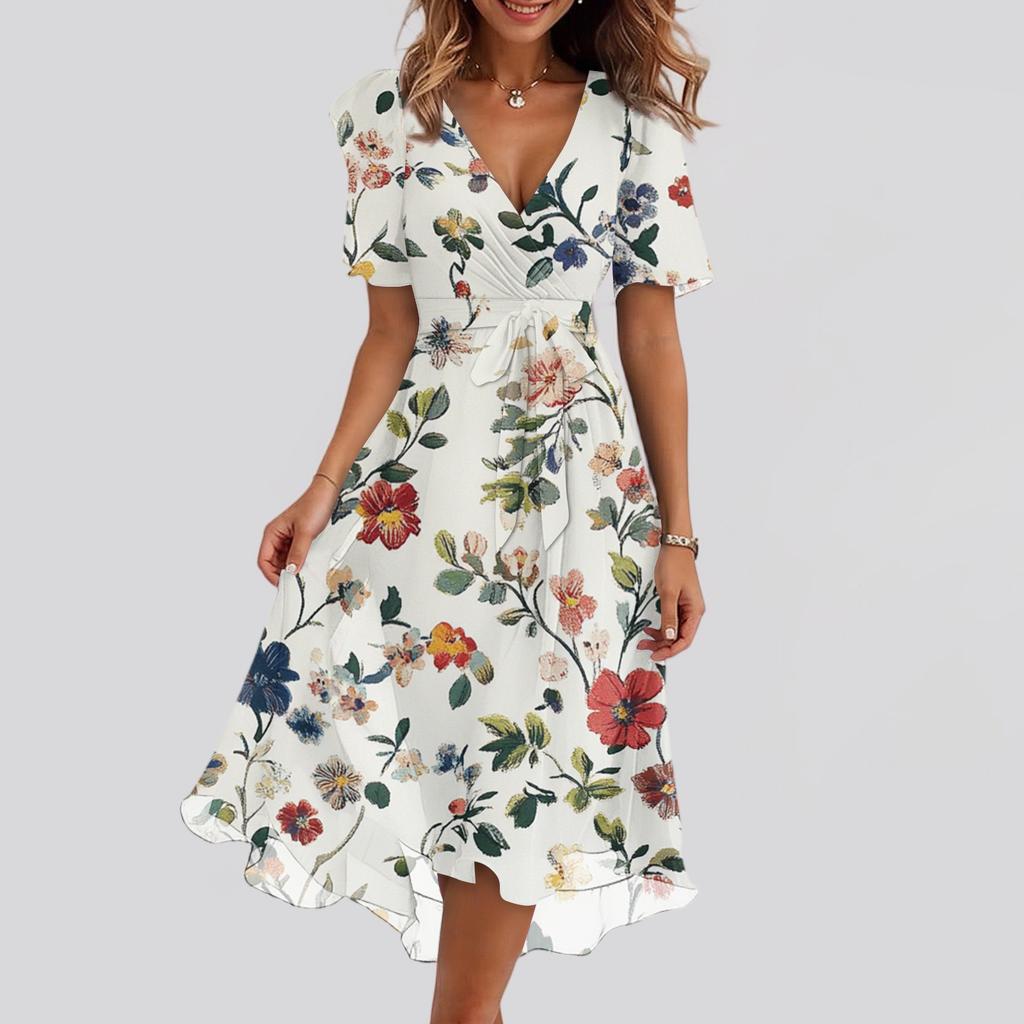 Women's Fashion Casual V Neck Short Sleeve Ruffled Vintage Printed Dresses