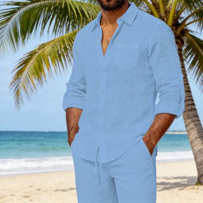 Men Long Sleeve Shirt Turndown Collar Button-Down Shirt Loose Fit Solid Color Shirt for Summer Beach Vacation Travel