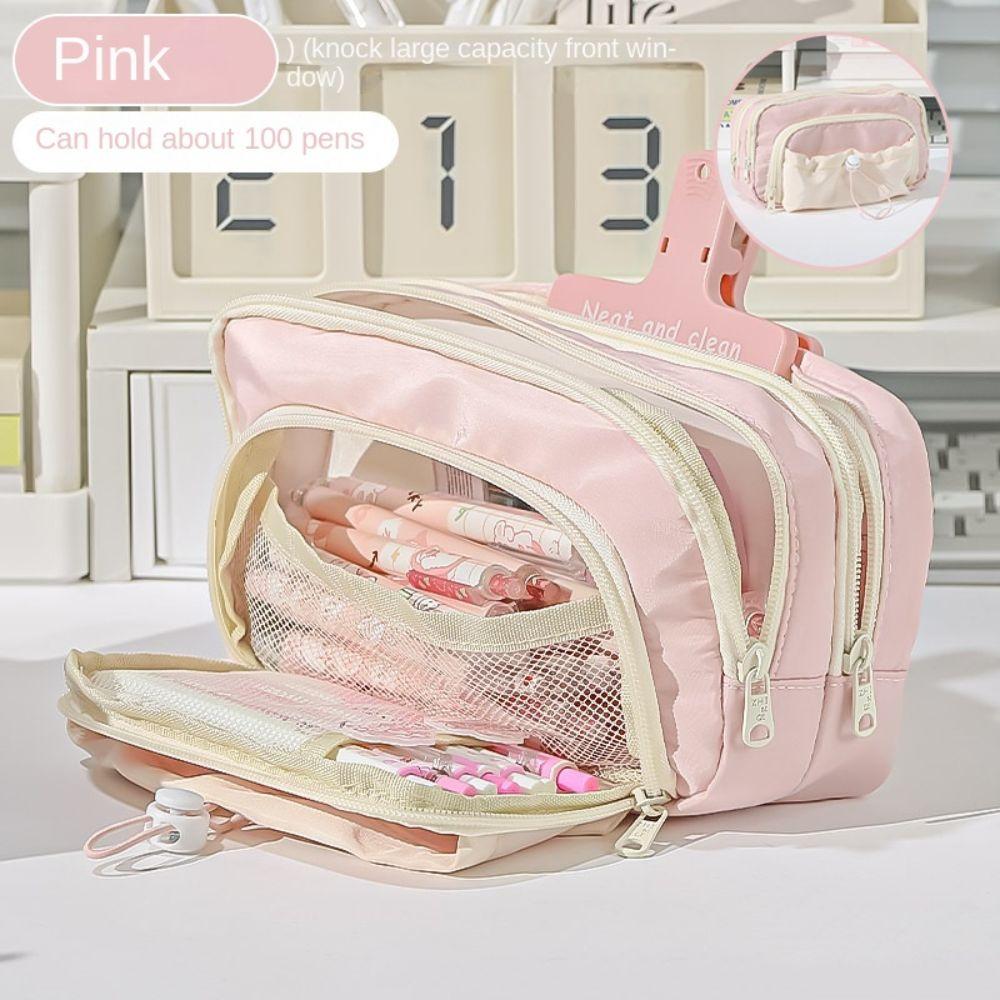 

Large Capacity Pen Bag Five-Layer Stationery Organizer Simple Pen Storage Bag Gift Pink