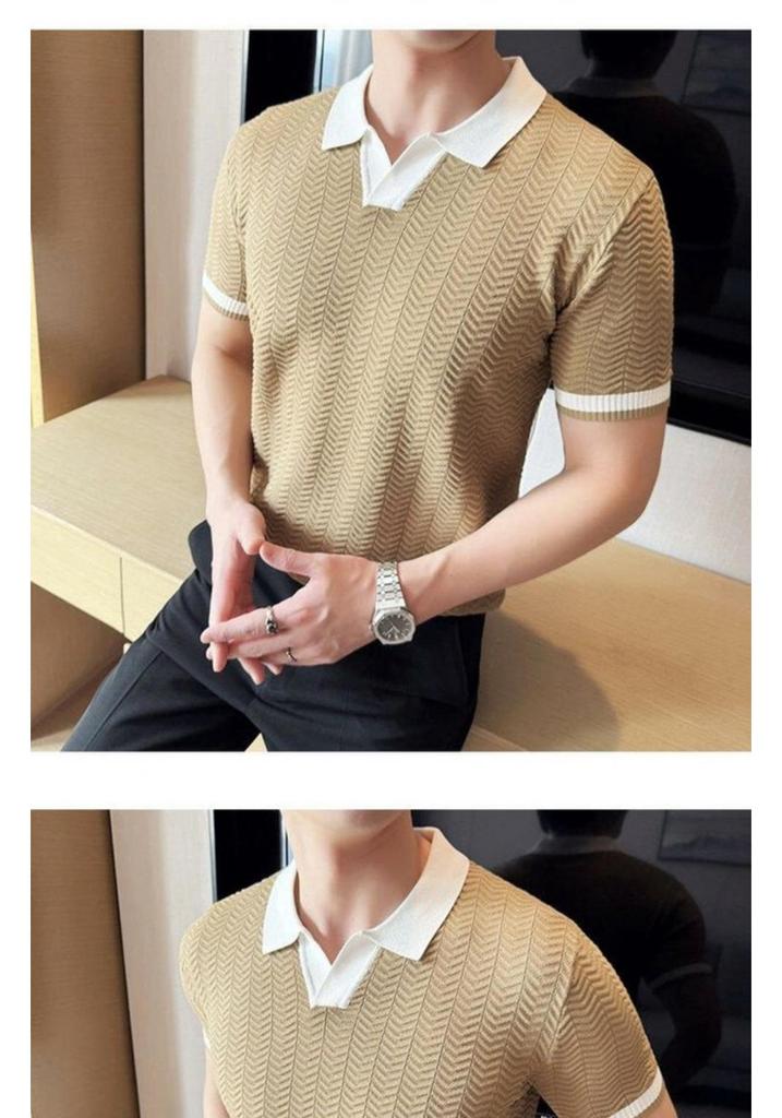 Men's Luxury Summer Jacquard Wave Pattern Polo Shirt - Short Sleeve Knit with Lapel and Color Block Design