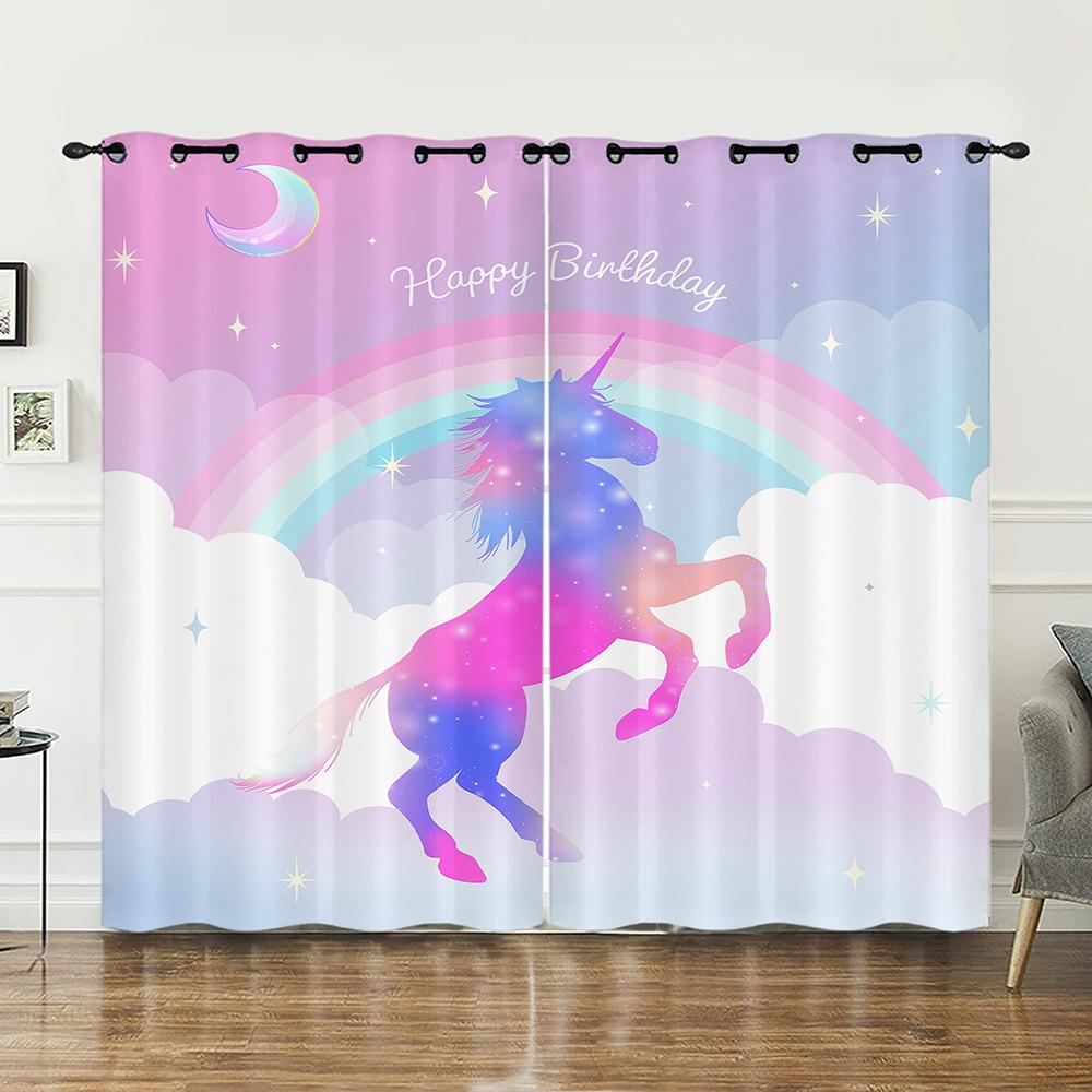 Curtains Cartoon Unicorn Decorative Sunshade Digital Printing Curtains Blackout Free Punching