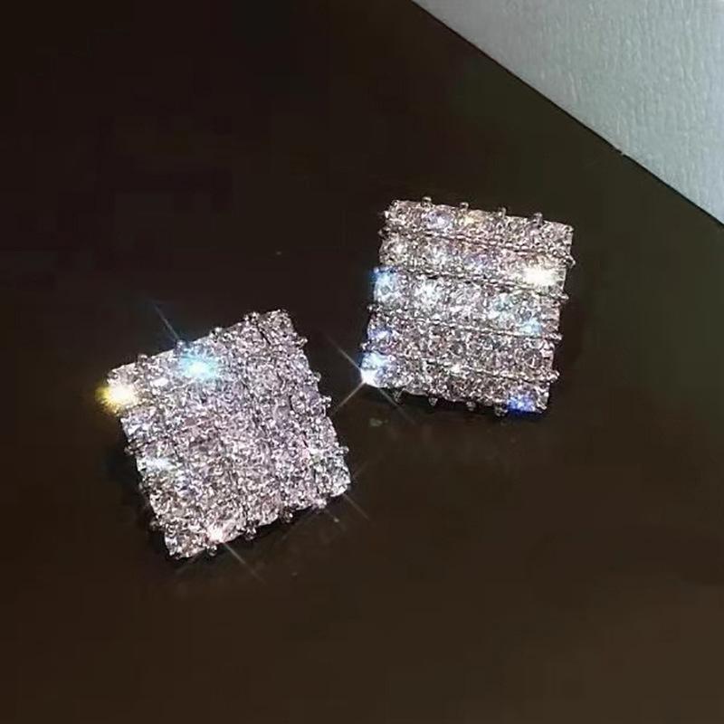 High-End Geometric Rhombus Tide Stud Earrings, Full Of Zirconium Retro Hong Kong Style, Row Of Diamonds Fashionable Ol Earrings