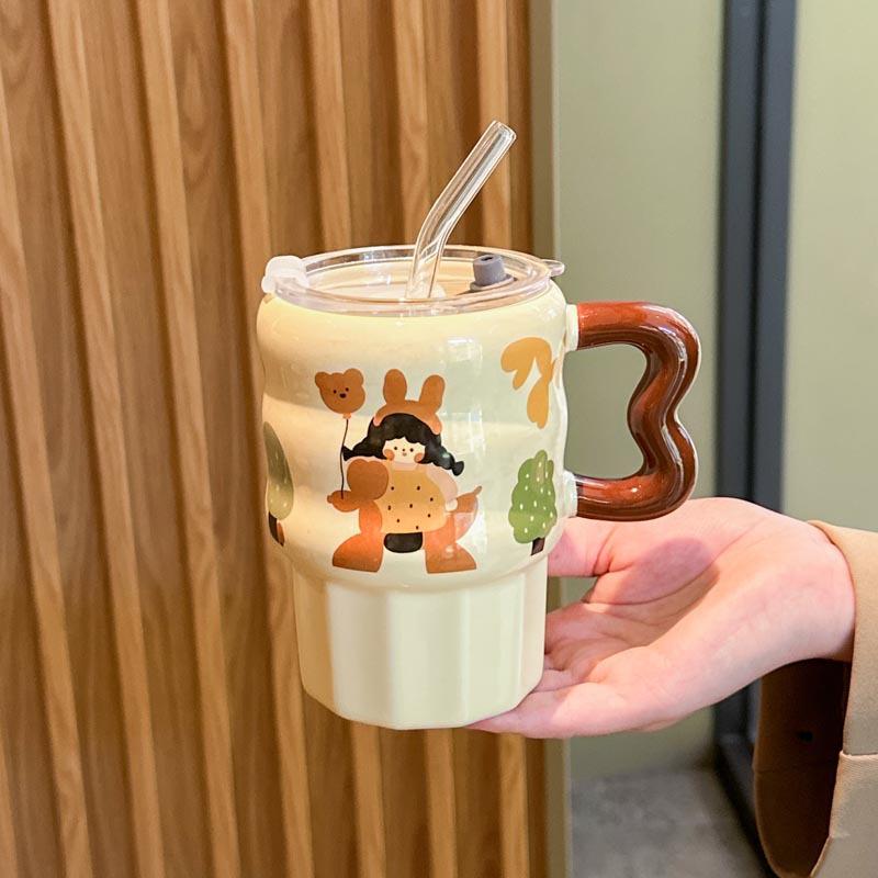 Birthday gift for girls, retro girl straw ceramic cup, cute mug with lid, girlfriend's souvenir gift box.
