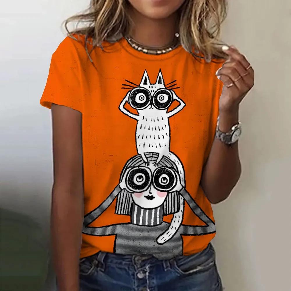 Summer Women Fashion T-shirt Funny Cartoon Cat Pattern O-Neck Tops Tees Female Short Sleeve Clothing Ladies Daily Casual Outfit
