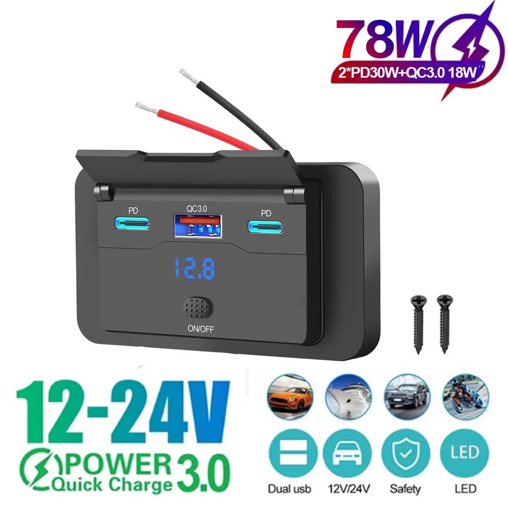 Dual QC3.0 PD 3 Ports Car Charger Socket USB Panel Fast Charging Car Power Outlet Adapter with Voltage Display for Bus RV ATV Truck Boat 12V 24V