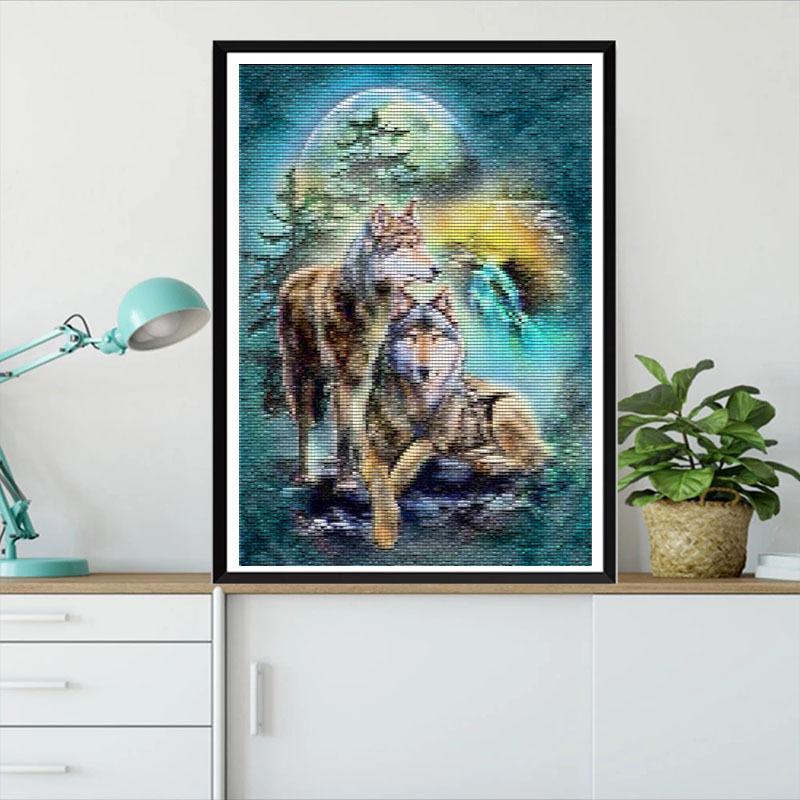 5D Diy diamentowe malowanie księżyc i gwiazda wilk zestaw do haftu krzyżykowego pełny haft diamentowy mozaika obraz artystyczny wystrój dżetów prezent