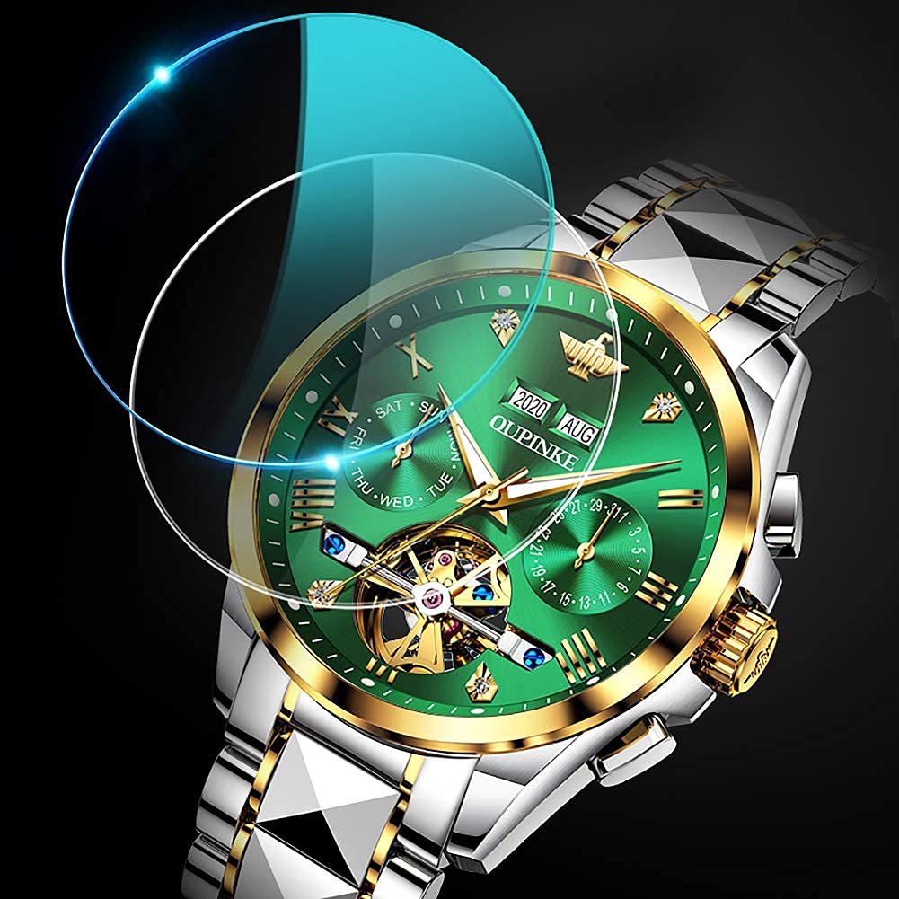 Automatic Watch Green Dial Popular Skeleton Sapphire Tungsten Waterproof Date Luminous Green Men's