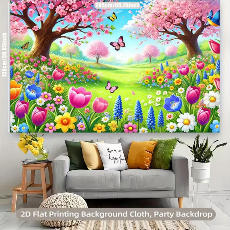 Cartoon Spring Cherry Blossom and Flower Backdrop Kids Party Photo Booth Background Banner