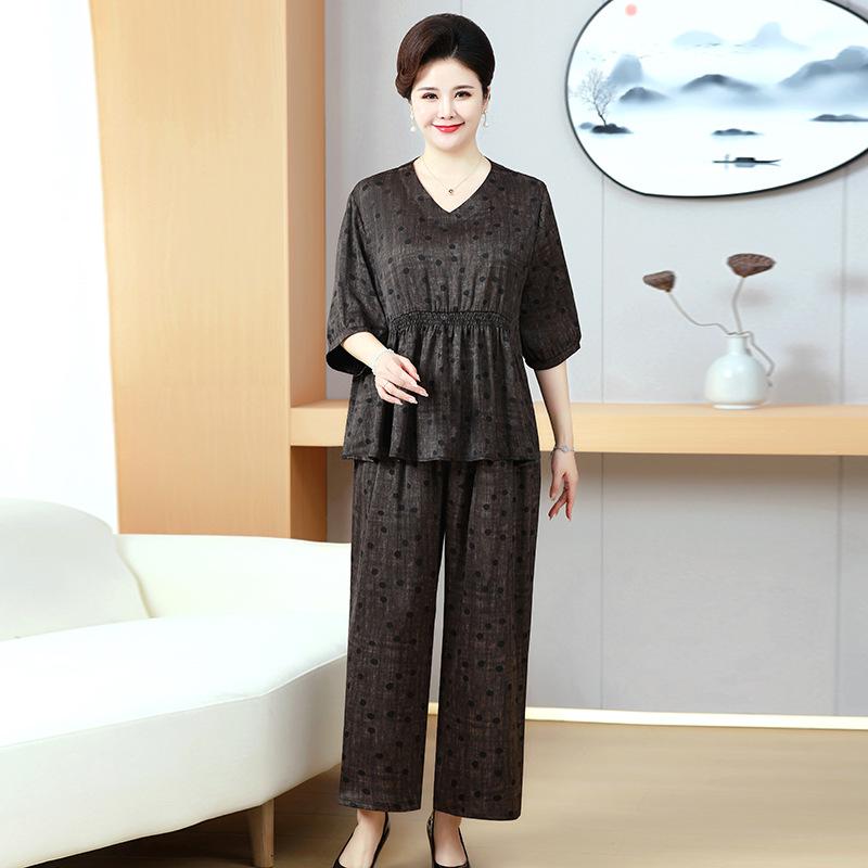 

Повседневный комплект из туники и брюк больших размеров с V-образным вырезом для людей среднего и пожилого возраста, летний свободный комплект из двух предметов 7XL золотисто-коричневый