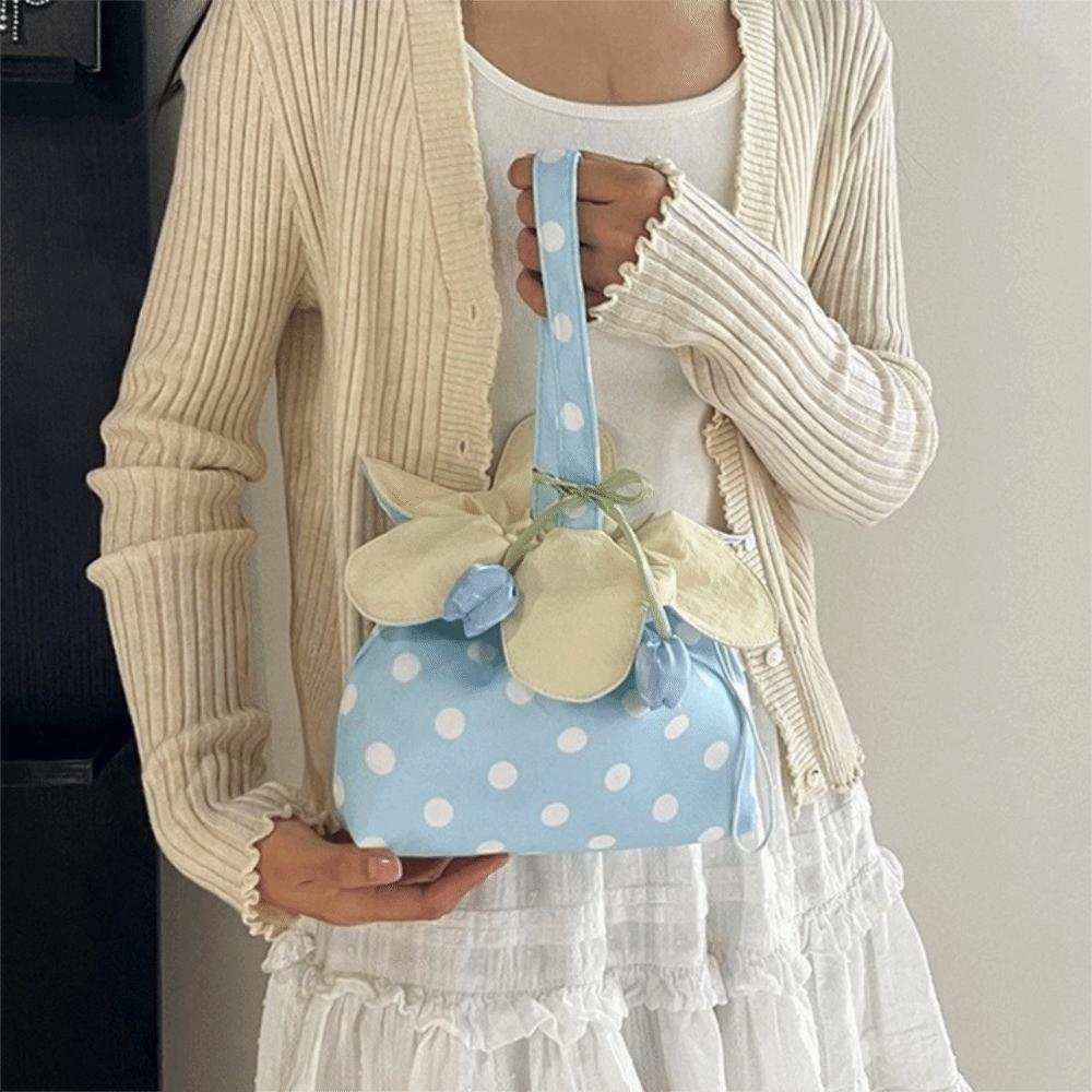 Floral Trim Polka Dot Flower Bag Flower Pendant Canvas Shoulder Bag Wrist Handbag Storage Bag