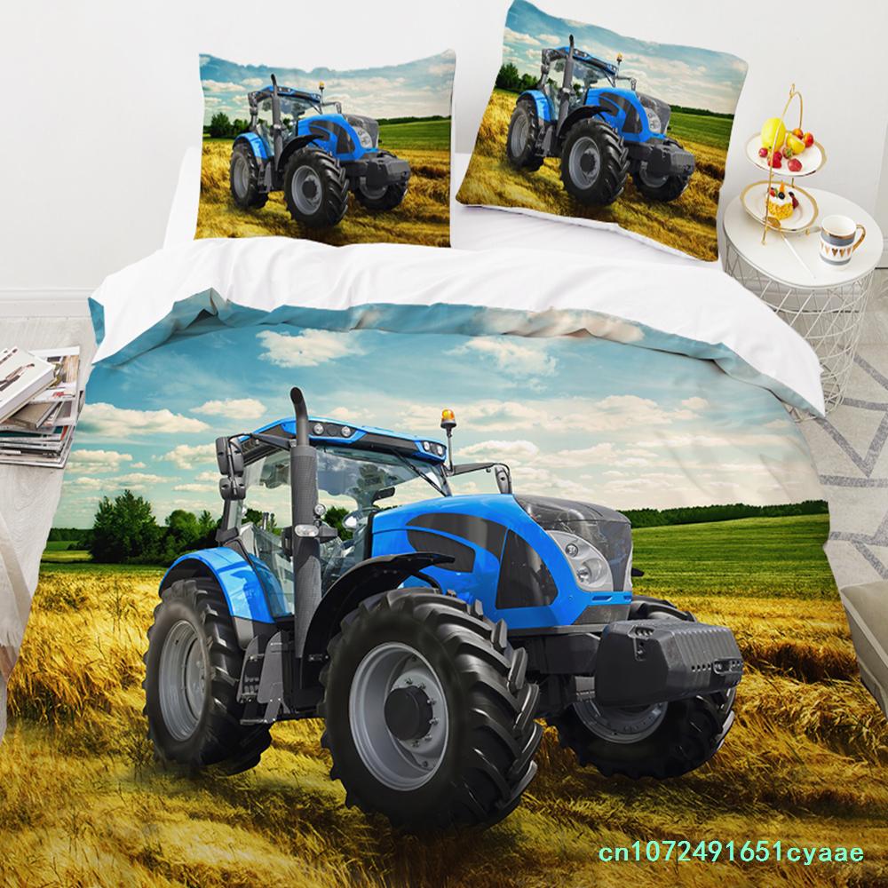Tractor King Queen Duvet Cover Kids Car Excavating Machinery Bedding Set Farm Vehicle Tool Quilt Cover Polyester Comforter Cover