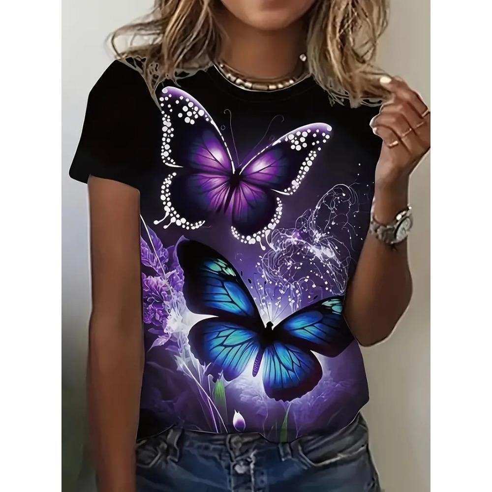 Fashion 3D Butterfly Print T Shirt For Women Summer Casual O-neck Short Sleeve Tops Kawaii Girl Tees Loose Trend Ladies Clothing