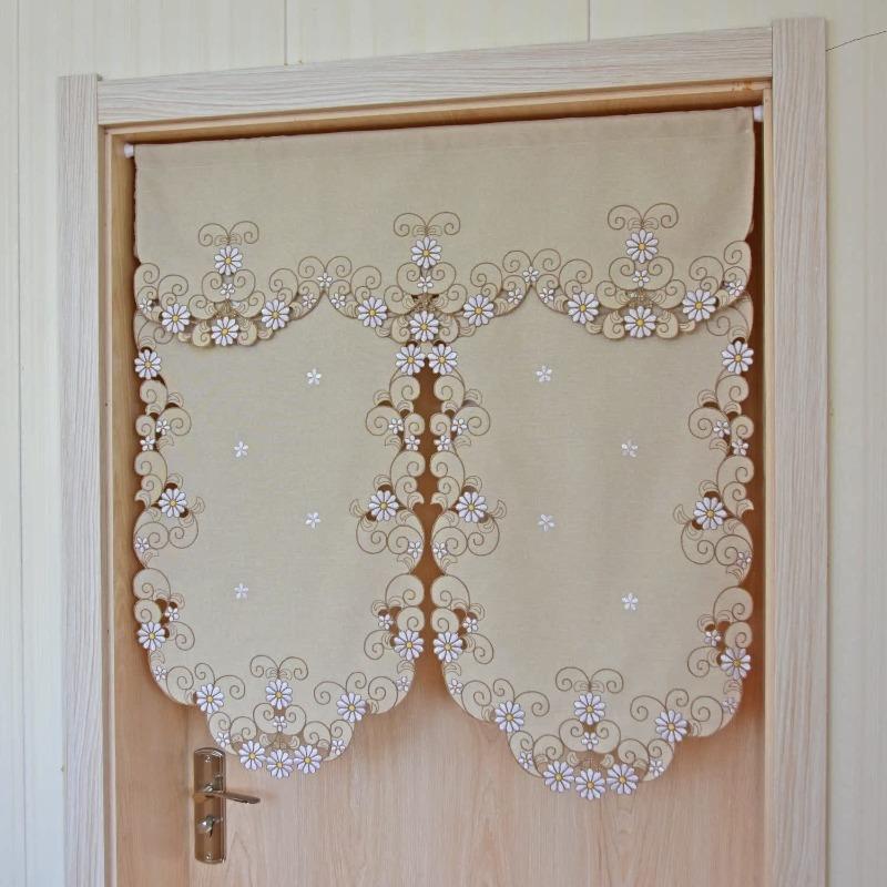 Rideau Court Kaki Clair Tissu Brodé Rideau de Porte Marguerite Rideau Élégant pour Chambre Salon Salle de Bain Cuisine, Sans Tringle, 1 pièce