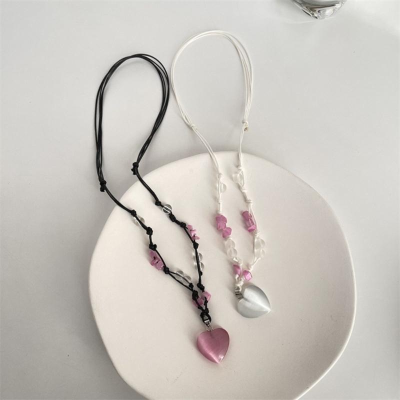 Heart Natural Stone Necklace Woven Rope Chain Choker for Women Girl Unisex Necklace Gemstone-Jewelry Ornament Gift