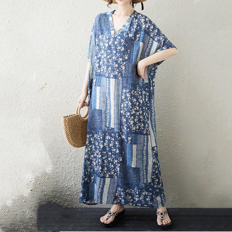Short Sleeve Plus Size Cotton Vintage Floral New In Dresses for Women Casual Loose Maxi Long Summer Dress