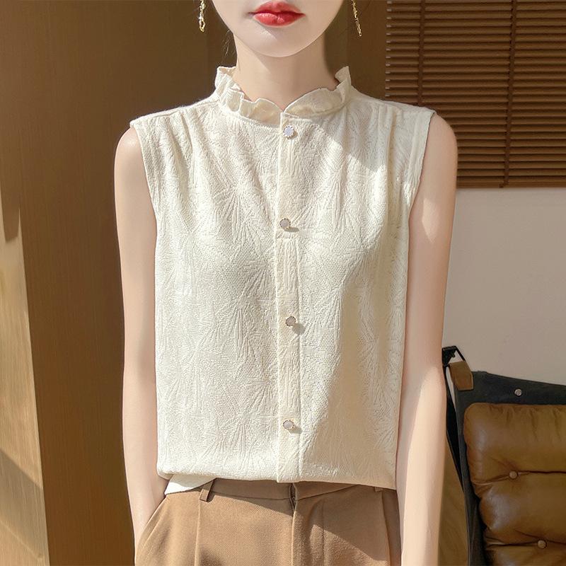 

Женская майка без рукавов из мериносовой шерсти со стойкой, кружевом и оборкой в виде кленового листа, идеально подходит для ношения под кардиган. XXXL