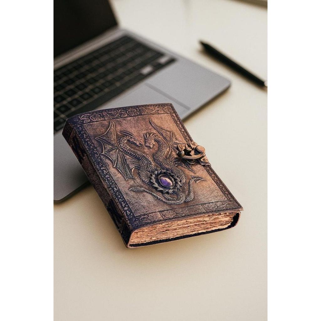 Leather Journal | 200 Thick Vintage Pages | Brass C Clasp | Double Dragon notebook | Real Stones | Personal Grimoire. Book Of Shadows