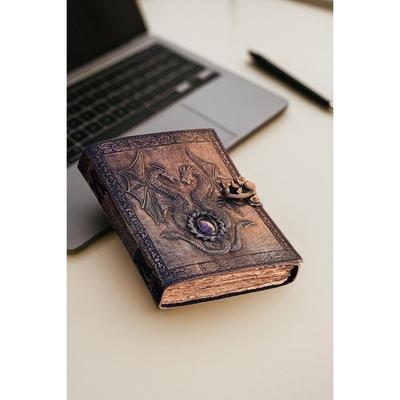 Leder Journal | 200 Dicke Vintage Seiten | Messing C-Verschluss | Doppelter Drachen Notizbuch | Echte Steine | Persönliches Grimoire. Buch der Schatten