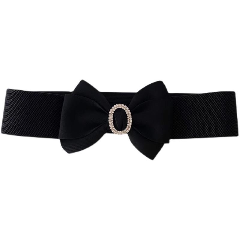 French high-end diamond bow belt with skirt fashionable sweet black wide elastic waist seal for women