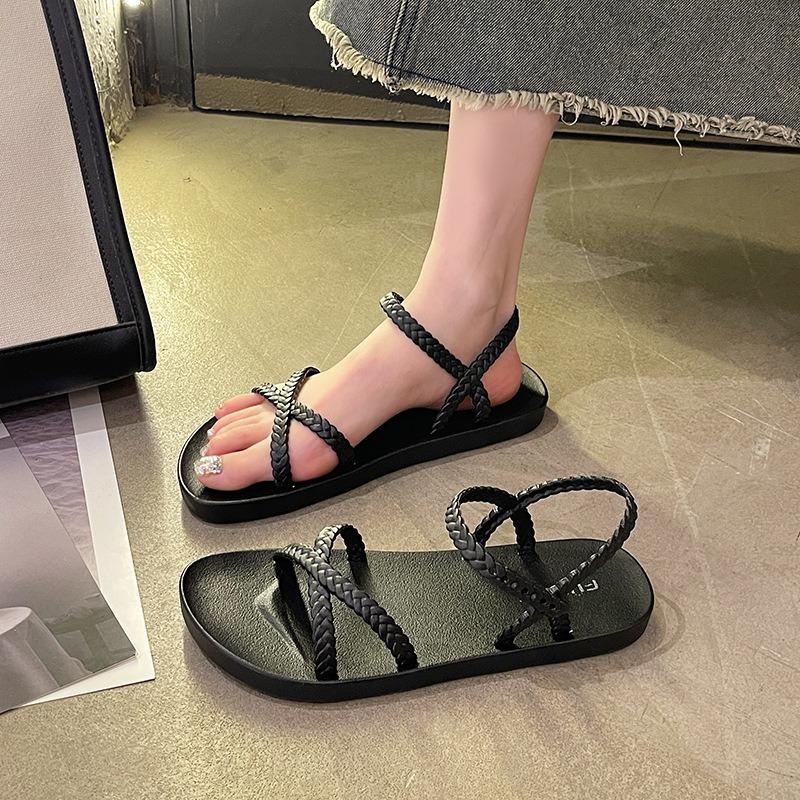 Comfortable Open-toed Women's Flat Sandals Korean Style Fashion Roman Beach Shoes Woven Cross Band Casual Sandals for Summer
