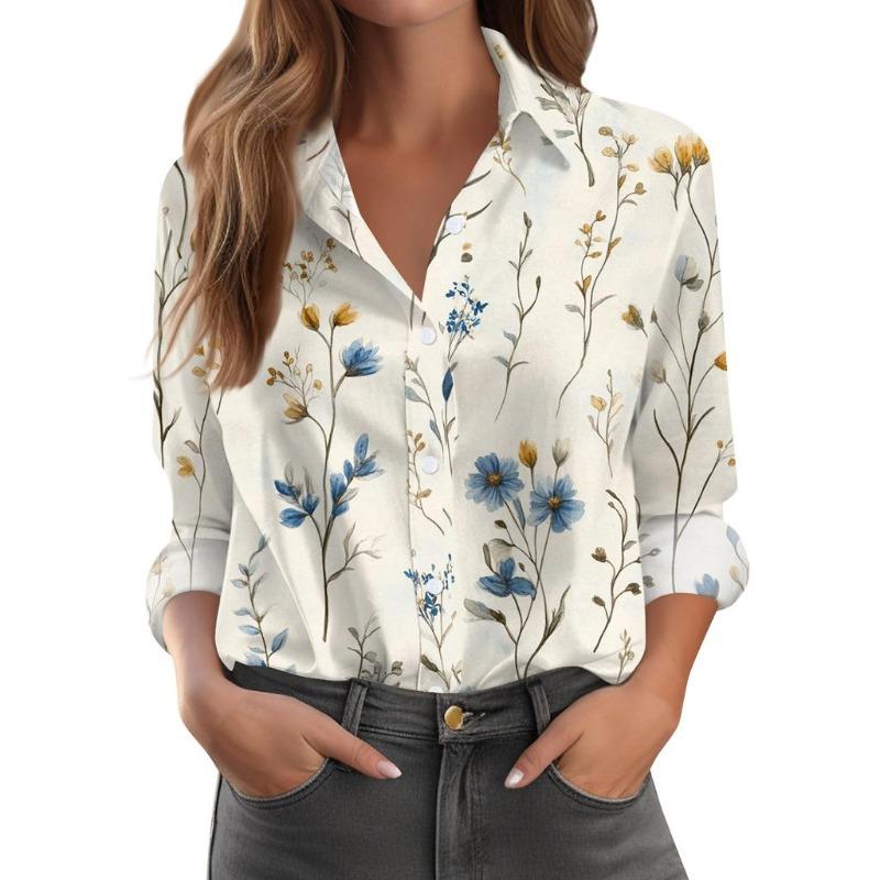 Women s Spring Summer 3D Printed Collared Button Shirt, Off White Blue Yellow Tiny Wildflower Watercolor Floral Print Daily Top S