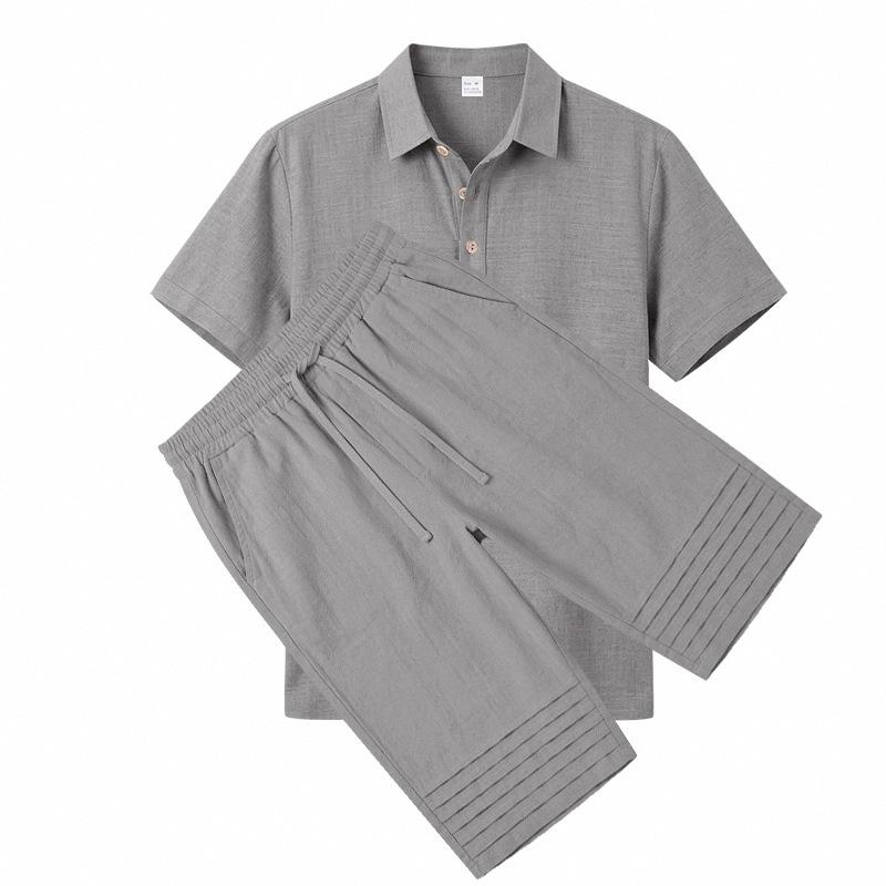 Summer Men's Casual Sportswear Sets Lapel Men's Short-Sleeved Shirt and Shorts Solid Beach Set