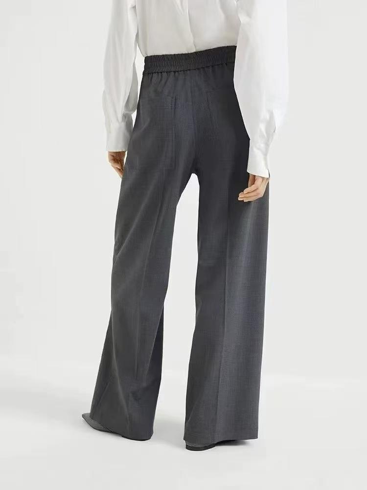Versatile Grey Wool Blend Wide-Leg Pants with Elastic Waist