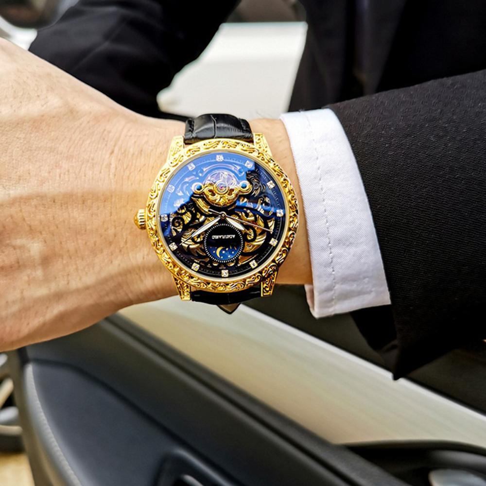 AOKULASIC Gold Tourbillon Mens Watches Top Brand Luxury Skeleton Automatic Mechanical Watch for Men Leather Strap Fashion Clock