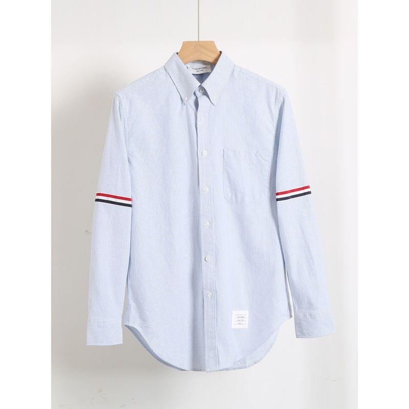 White Shirt for Men and Couples, Spring and Summer Pure Cotton Oxford Fabric, Business Casual Four-Stripe Tape, Plus-Size Long-Sleeve Shirt for Women