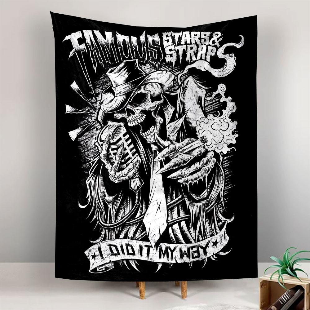 Famous Stars and Straps Tapestry Wall Hanging, Punk Rock Brand Skull Art, Street Style Wall Decor for Bedroom Dorm