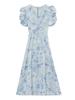 Vintage French Floral Puff Sleeve V-Neck A-Line Dress - Slim Fit Waist-Cinching Summer Long Skirt