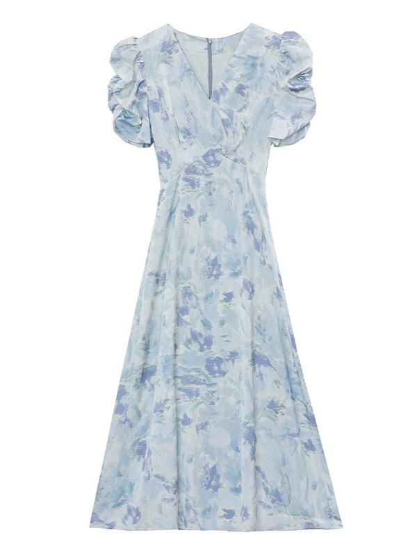 Vintage French Floral Puff Sleeve V-Neck A-Line Dress - Slim Fit Waist-Cinching Summer Long Skirt