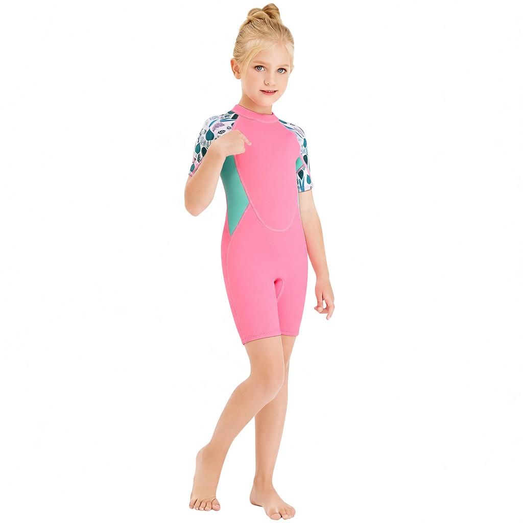 Girls Short Wetsuit One Piece Shorty Diving Swimsuit with Zipper Quick Dry Short Sleeves Surf Suit for Water Sports