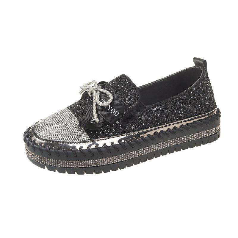 2026 Women s Rhinestone Bow Slip-on Flats: Spring Casual Thick Sole Korean Style Plus Size Shoes 37 чёрный
