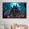 Ghost House Halloween Background Cloth - Non Electric Party Decoration Banner with Manor Pumpkin Lantern  Full Moon  and Bats