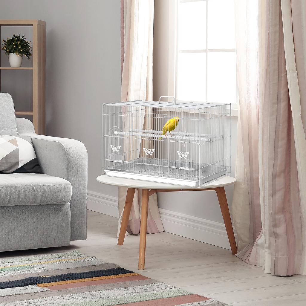 Bird Cage, Metal, 60 x 41 x 41 cm, Feeders, 2 Perches, 3 Doors, White