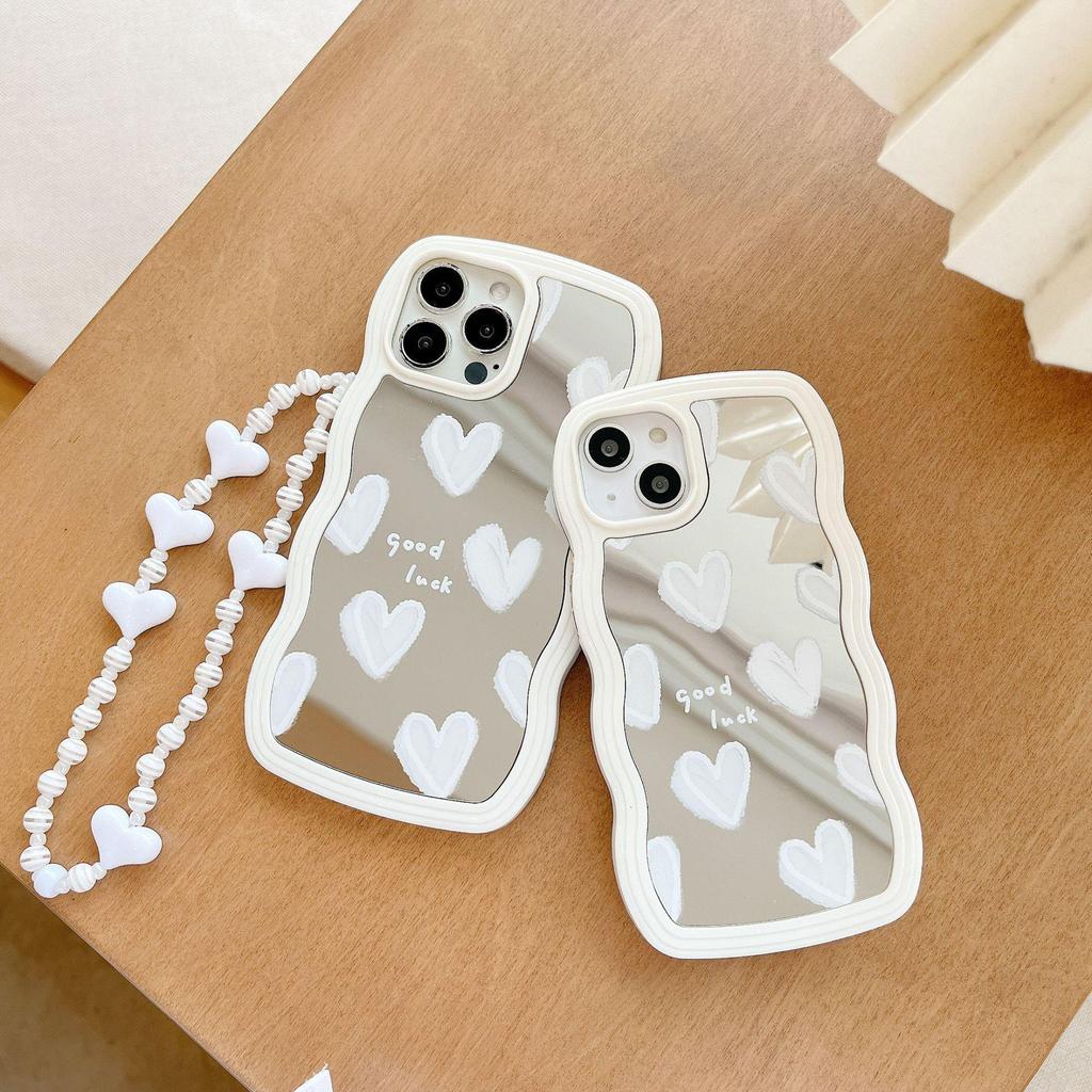 Custodia per iPhone 16/13 Pro Max con bordo ondulato e cuore bianco, anti-caduta, staccabile X/XS