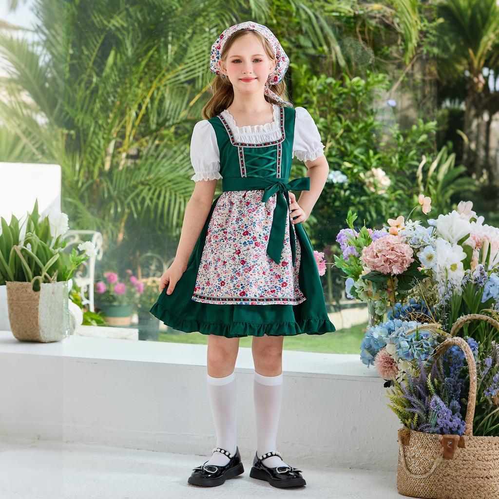 Girls Traditional Dress Oktoberfest Costume Country Style Apron Dress with Headscarf and Puff Sleeve Shirt for Kids
