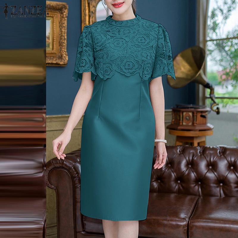 ZANZEA Vestido informal de verano de manga corta con encaje y patchwork para mujer