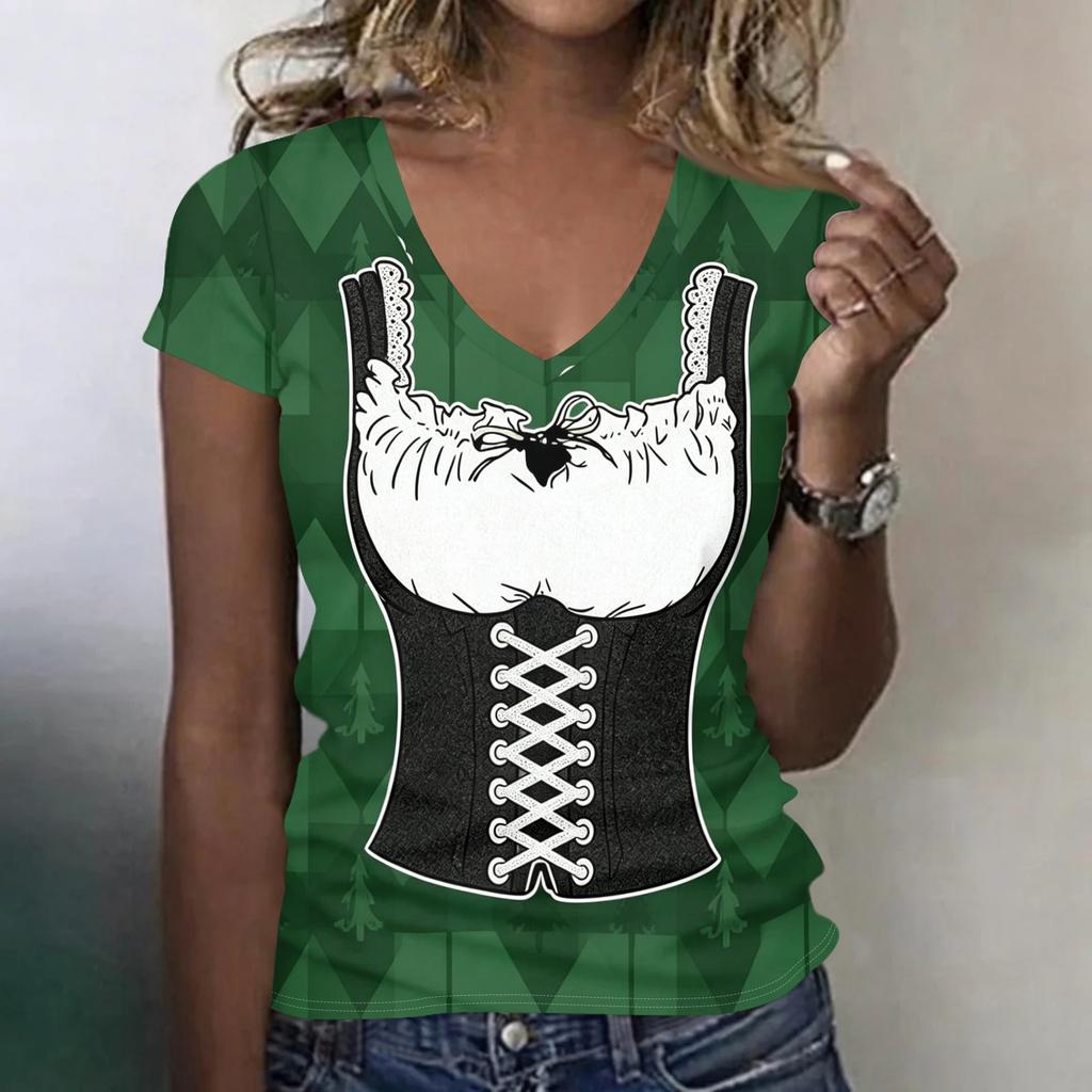 Camiseta casual de manga corta con cuello en V para mujer, top con estampado de Oktoberfest, tejido ligero y suave, ajuste cómodo, camiseta de verano