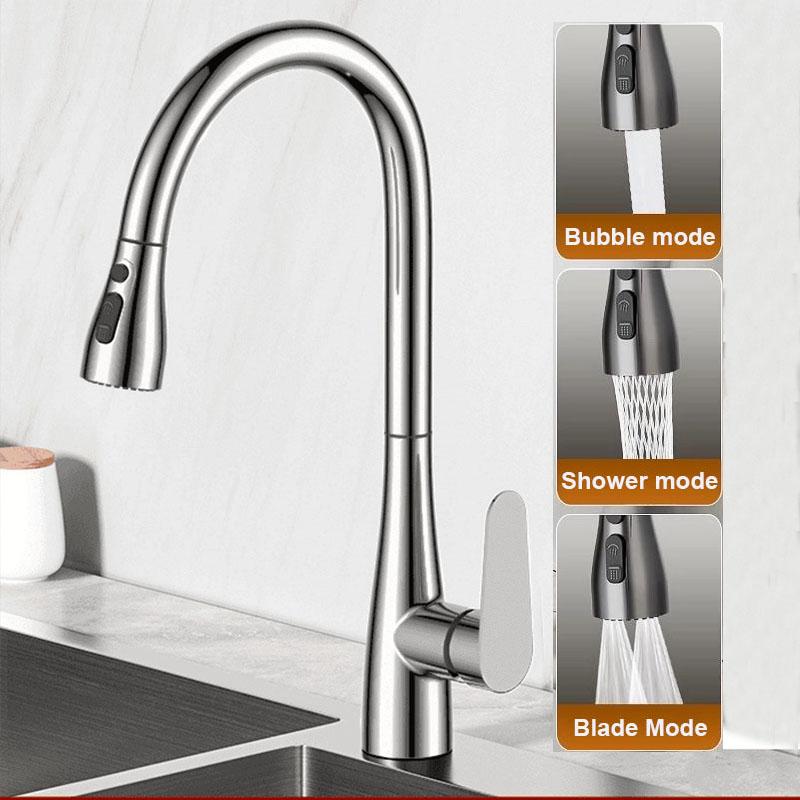 

Серебристый выдвижной кухонный смеситель из утолщенной латуни, три режима струи, распылительная насадка, нержавеющая сталь, смеситель горячей и холодной воды серебряный