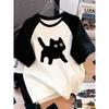 Kawaii T Shirt  Retro Black Cat Letter Print Crew Neck T-Shirt Casual Short Sleeve Top for Spring Summer Women's Clothing