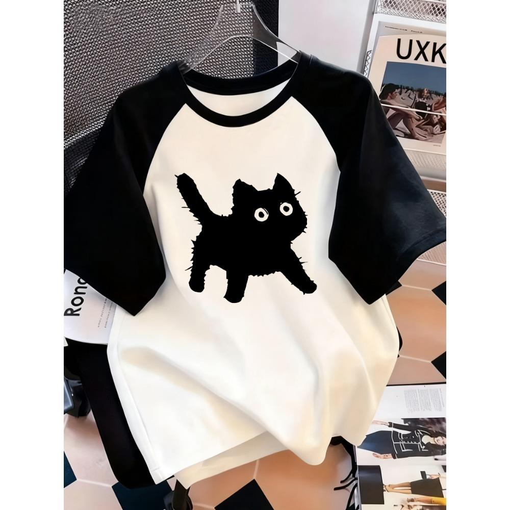 Kawaii T Shirt Retro Black Cat Letter Print Crew Neck T-Shirt Casual Short Sleeve Top for Spring Summer Women's Clothing