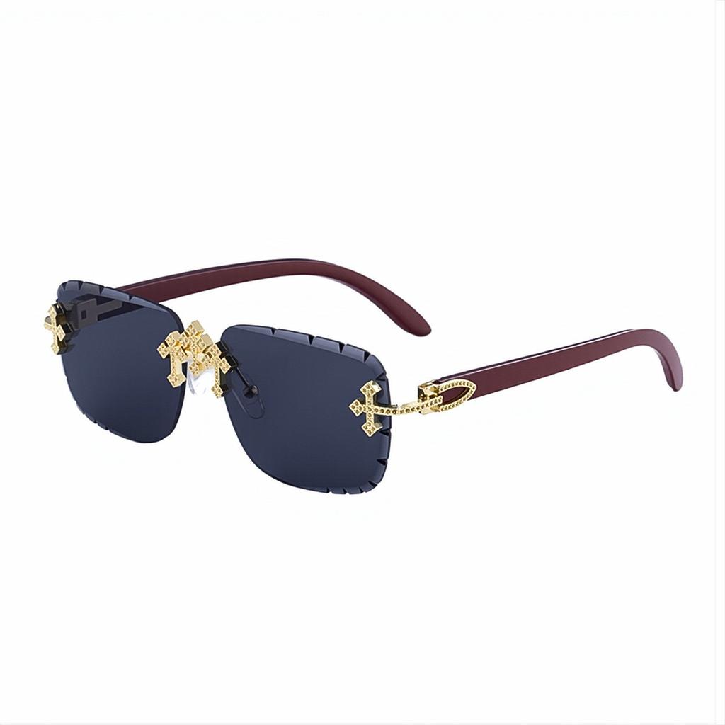 European And American Retro Frameless Sunglasses For Men, Diamond,cut Edge Imitation Wood Grain Sunglasses For Men.