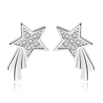 Simple Pentagram-shaped Fringed Zircon Meteor Stud Earrings, Sweet and Versatile Silver Jewelry for Girls