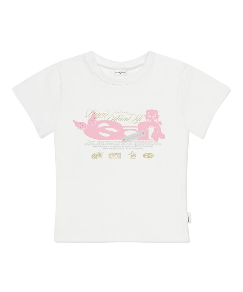 ESCAPEFROM Angel Cosplay Girl Escf Logo Collage Print Slim Fit Short Sleeve T-Shirt Black