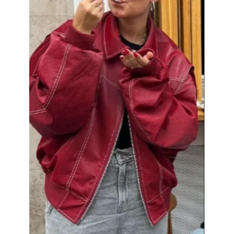 Pu Leather Lace-up Short Jacket for Women Fashion Lapel Long Sleeves Irregular Coat Ladies Office Commute Outwear