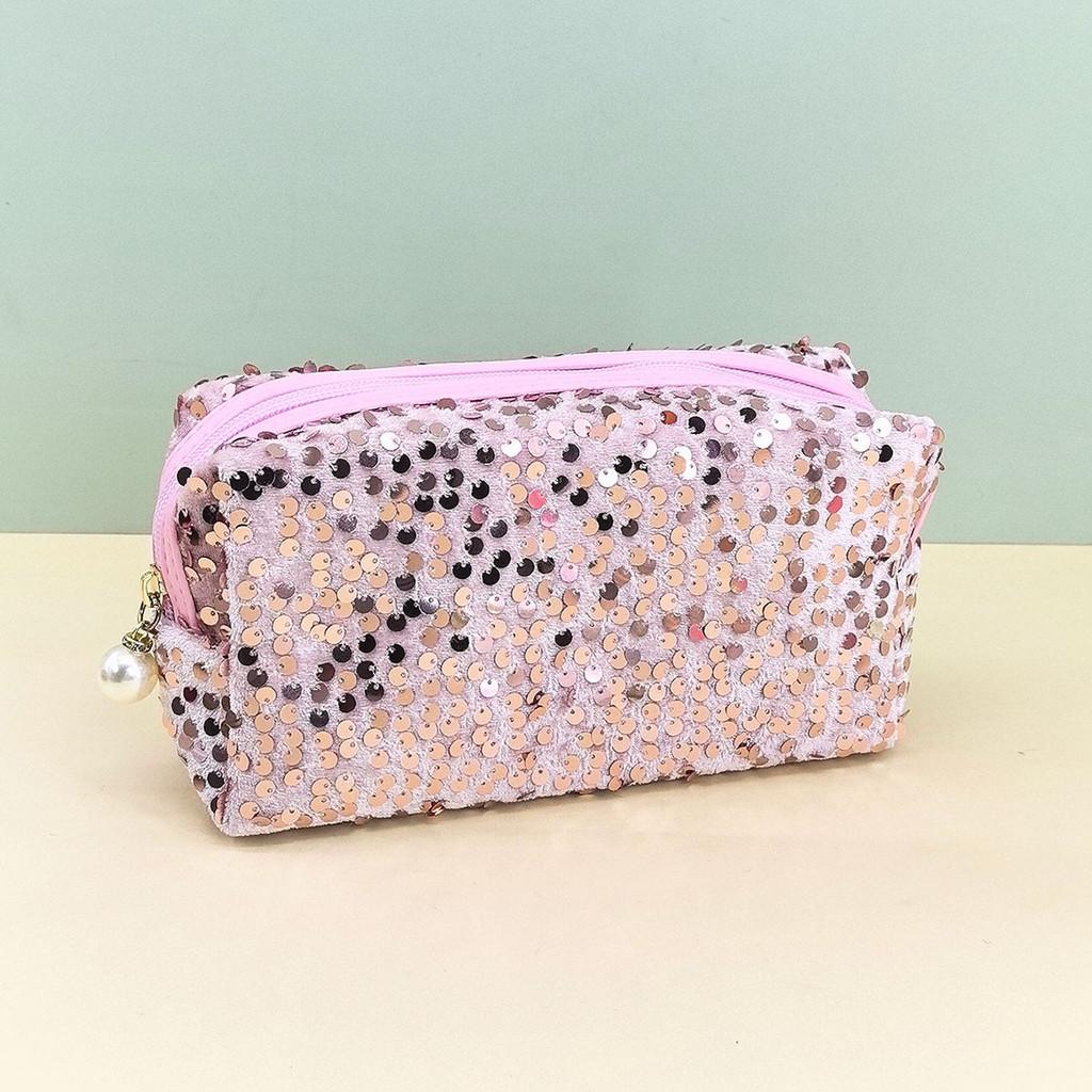 Velvet Sequin Makeup Bag With Large Capacity For Travel And Daily Use